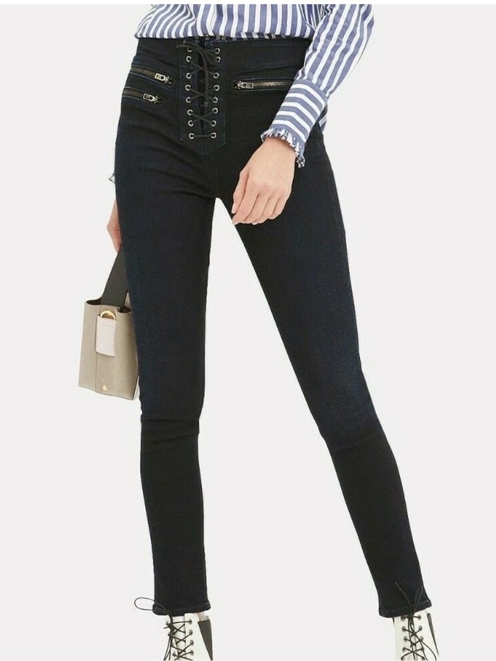 NWT Veronica  Beard Dark Blue LITA LACE-UP HI-RISE MOTO STRETCH JEANS 27